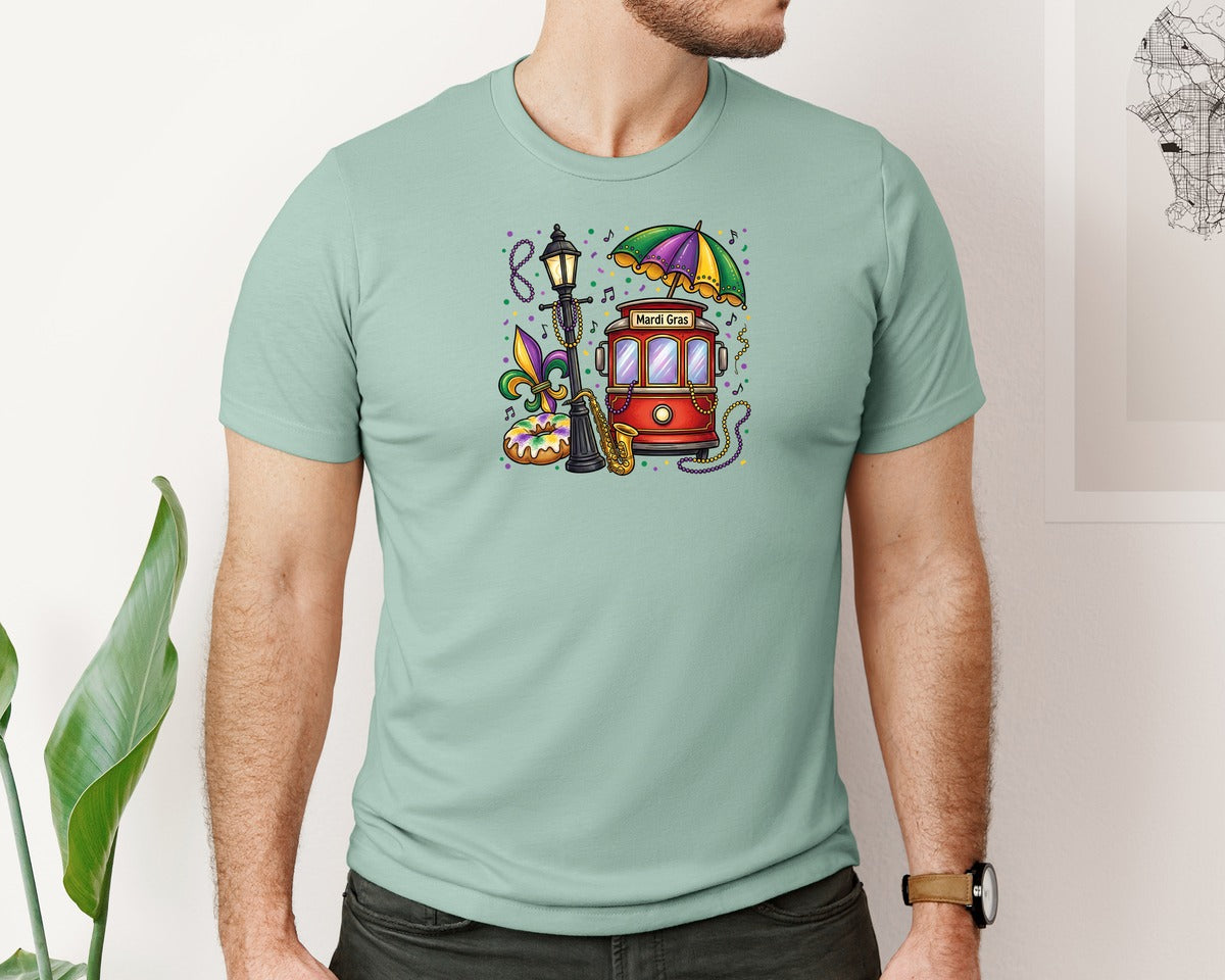 brand:Bella Canvas|color:Dusty Blue|Mardi Gras Streetcar Design Graphic T-Shirt