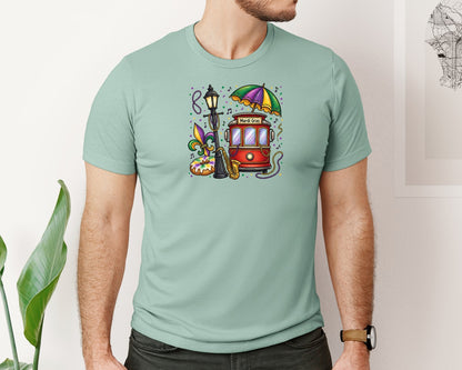 brand:Bella Canvas|color:Dusty Blue|Mardi Gras Streetcar Design Graphic T-Shirt