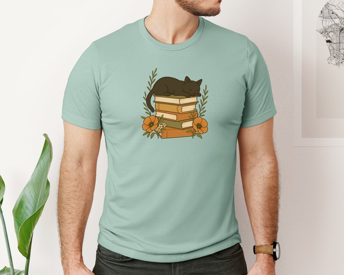 brand:Bella Canvas|color:Dusty Blue|Cat Book Cat Flower Cat Shirt Graphic T-Shirt