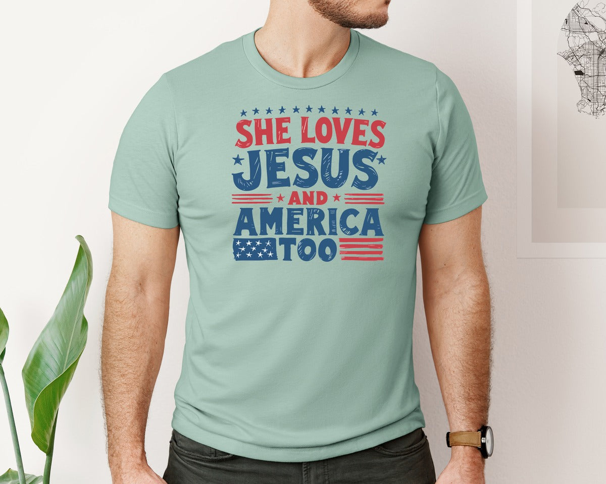 brand:Bella Canvas|color:Dusty Blue|She Loves Jesus Rustic Usa Design Graphic T-Shirt