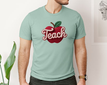 brand:Bella Canvas|color:Dusty Blue|Crochet Valentine Teacher Apple Graphic T-Shirt