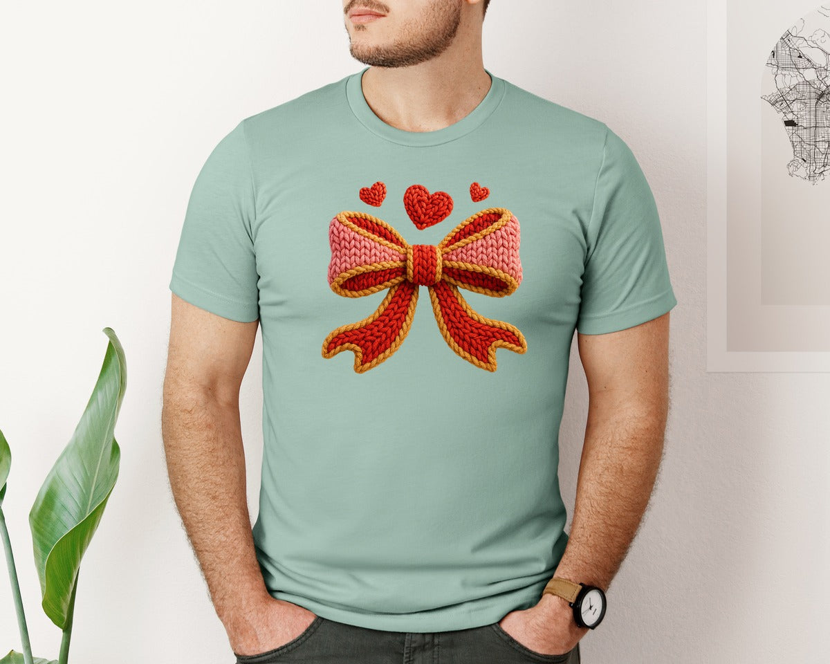 brand:Bella Canvas|color:Dusty Blue|Faux Yarn Valentines Day Bow 5 Graphic T-Shirt