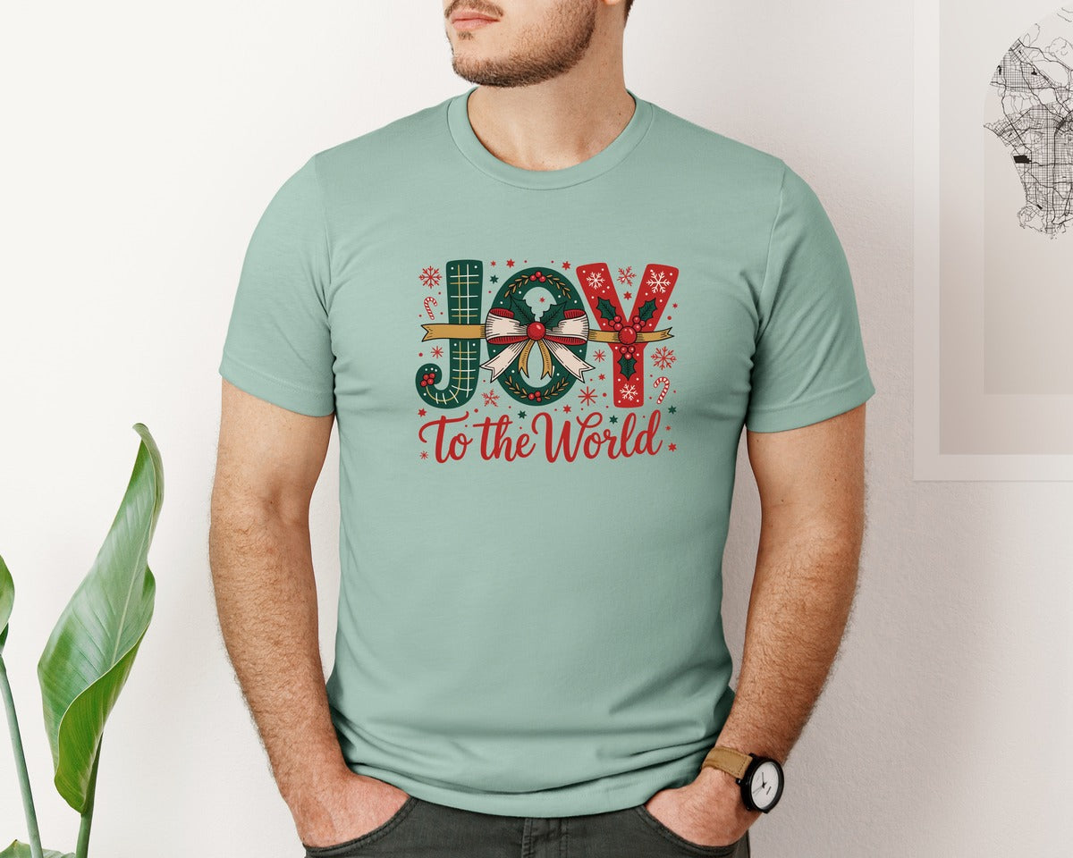 brand:Bella Canvas|color:Dusty Blue|Joy To The World Christmas San Graphic T-Shirt