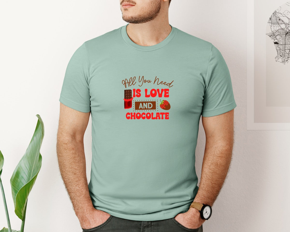 brand:Bella Canvas|color:Dusty Blue|All You Need Is Love And Chocolate 12 Graphic T-Shirt