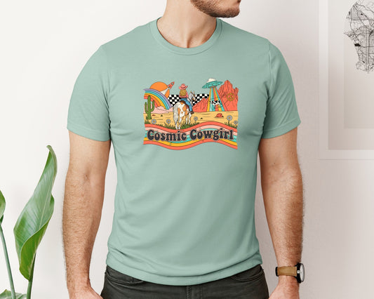 Cosmic Cowgirl Space Cow Ufo Sun Graphic T-Shirt