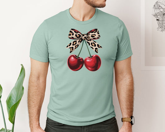 Cherry Bow Design Leopard Coquette Graphic T-Shirt