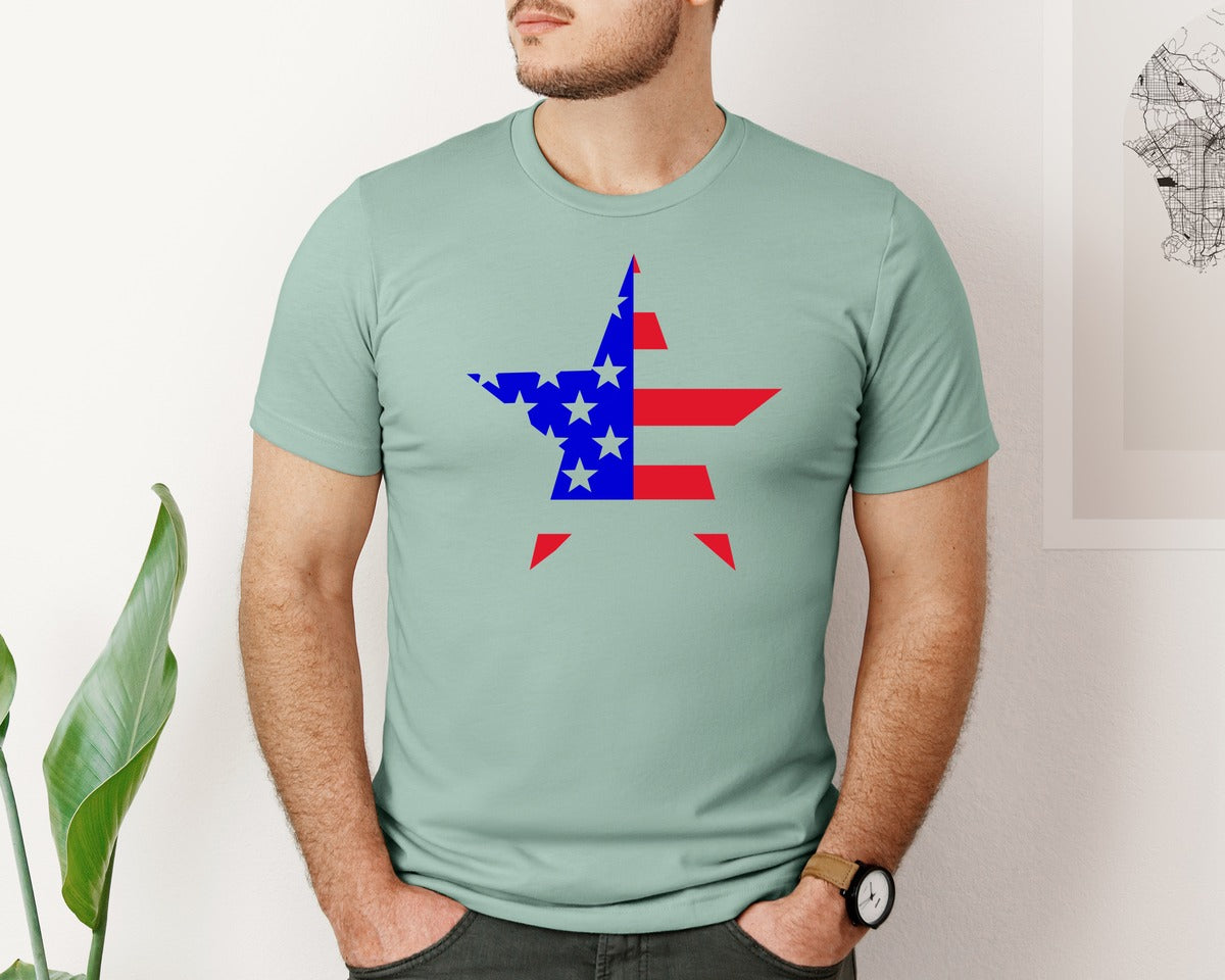 brand:Bella Canvas|color:Dusty Blue|Patriotic Star Emblem With American Flag Graphic T-Shirt