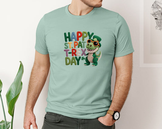Faux Yarn Happy St Patricks T Rex Graphic T-Shirt