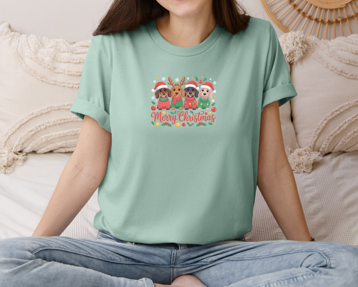 brand:Bella Canvas|color:Dusty Blue|Merry Christmas Dachshund Dogs Graphic T-Shirt
