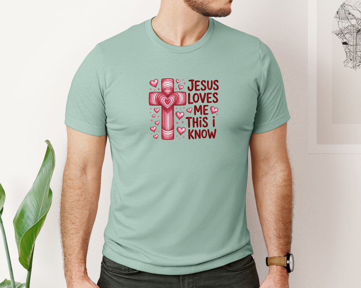 brand:Bella Canvas|color:Dusty Blue|Christian Jesus Loves Me Graphic T-Shirt
