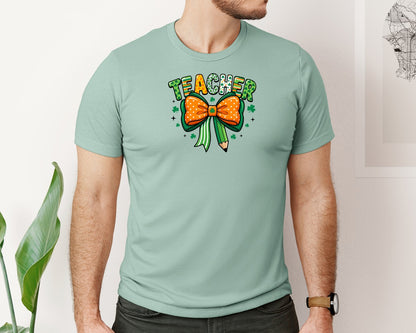 brand:Bella Canvas|color:Dusty Blue|Teacher Shamrock Bow St Patricks Graphic T-Shirt