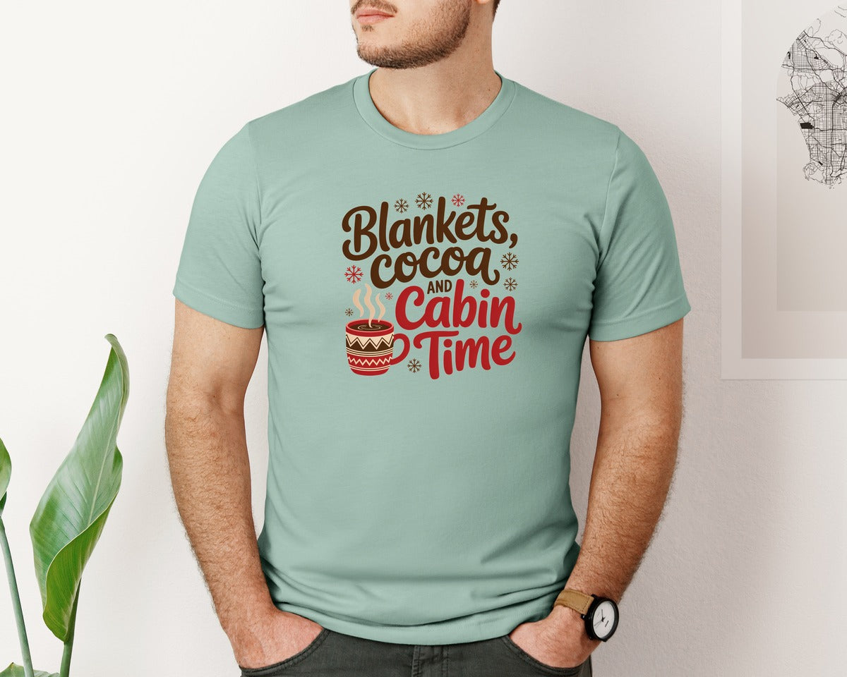 brand:Bella Canvas|color:Dusty Blue|Blankets Cocoa Cabin Time Winter Graphic T-Shirt