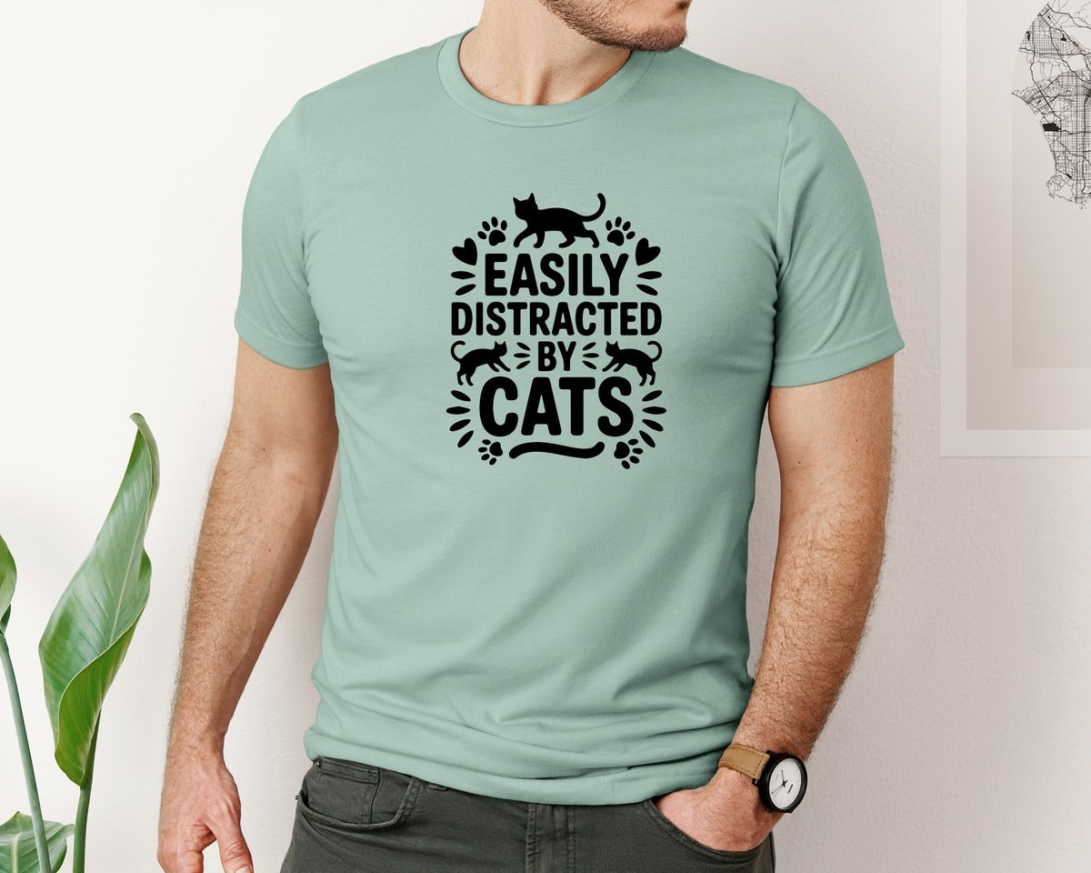 brand:Bella Canvas|color:Dusty Blue|Easily Distracted By Cats Funny Cat Graphic T-Shirt