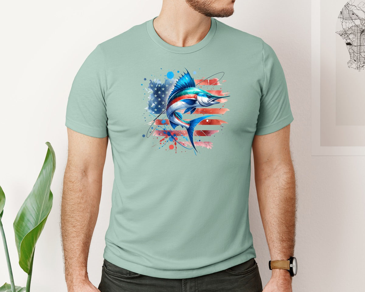 brand:Bella Canvas|color:Dusty Blue|American Flag Sailfish Fishing Graphic T-Shirt