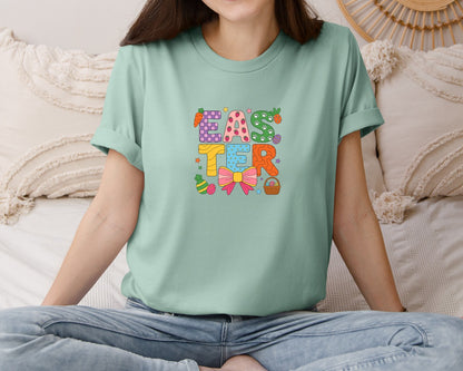 brand:Bella Canvas|color:Dusty Blue|Preppy Coquette Easter 2 Graphic T-Shirt
