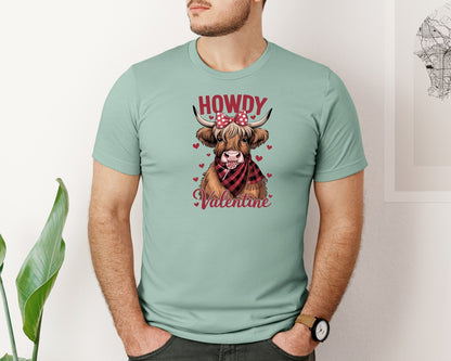 brand:Bella Canvas|color:Dusty Blue|Howdy Valentine Highland Cow Cute Graphic T-Shirt