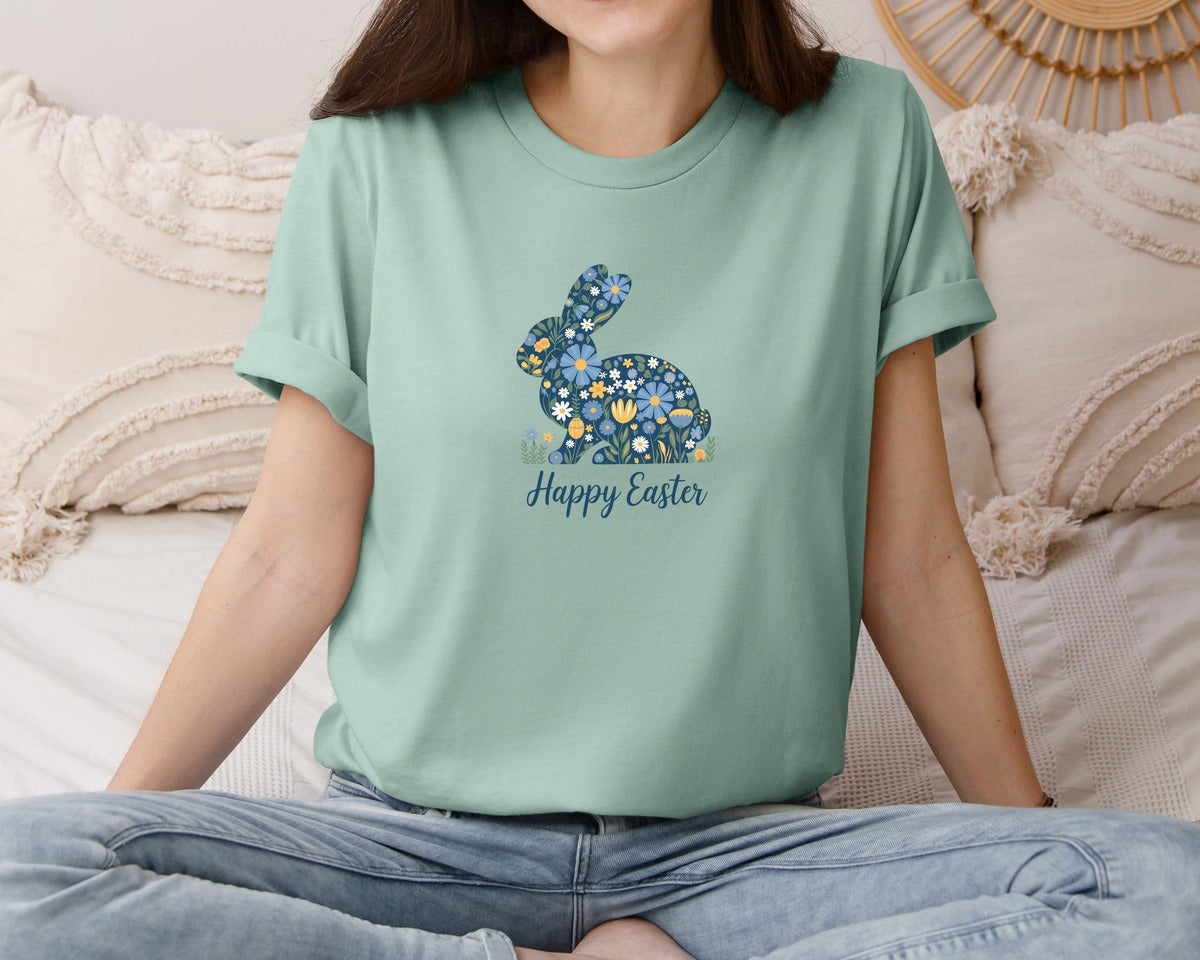 brand:Bella Canvas|color:Dusty Blue|Floral Easter Bunny With Wildflowers Graphic T-Shirt