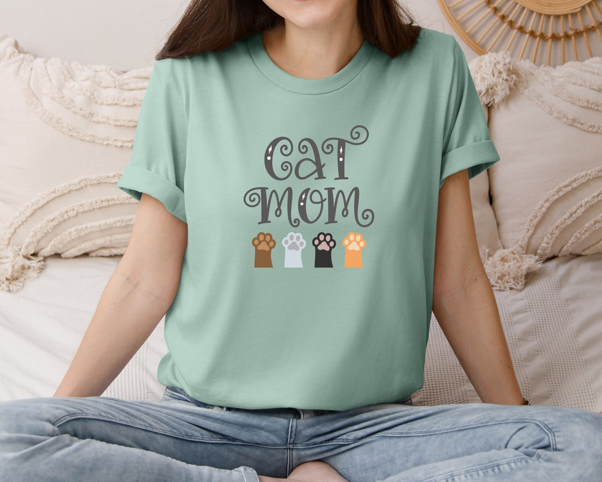 brand:Bella Canvas|color:Dusty Blue|Cat Mom Cute Crazy Cat Lady Quote 2 Graphic T-Shirt