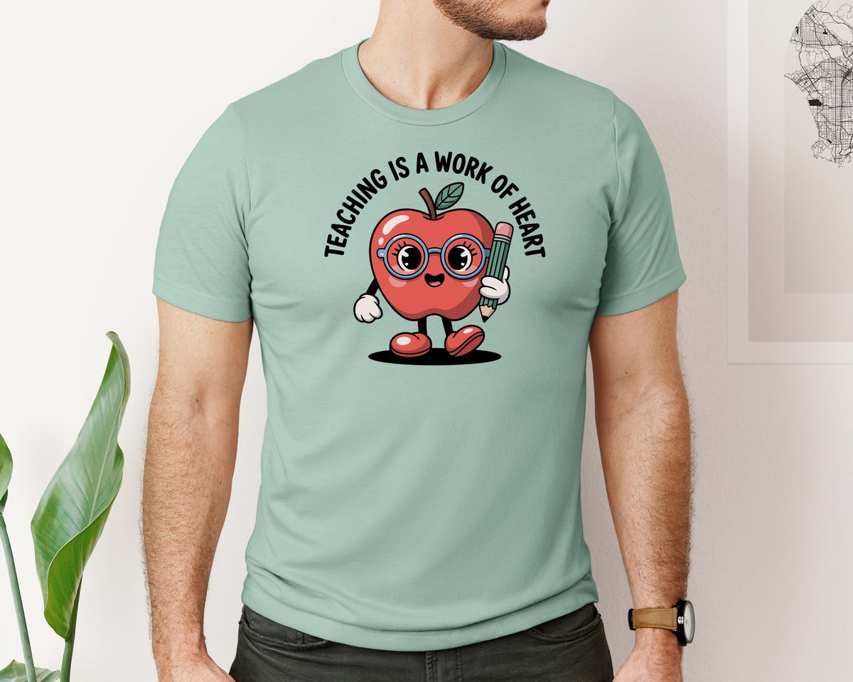 brand:Bella Canvas|color:Dusty Blue|Cute Apple Cartoon In School Design Graphic T-Shirt