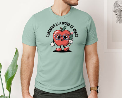 brand:Bella Canvas|color:Dusty Blue|Cute Apple Cartoon In School Design Graphic T-Shirt