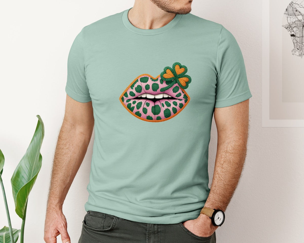 brand:Bella Canvas|color:Dusty Blue|Faux Yarn Leopard Shamrock Lips Graphic T-Shirt