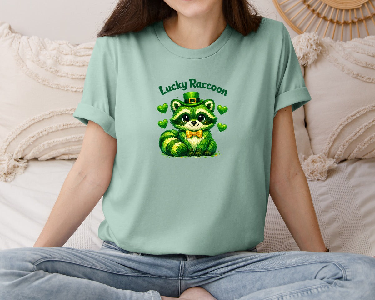 brand:Bella Canvas|color:Dusty Blue|Lucky Raccoon Cute St Patricks Day Graphic T-Shirt