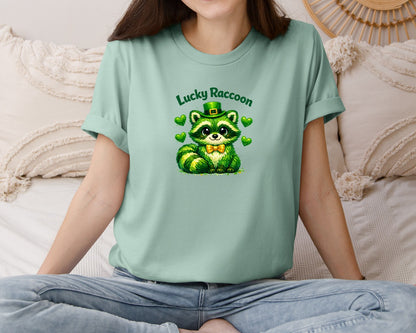 brand:Bella Canvas|color:Dusty Blue|Lucky Raccoon Cute St Patricks Day Graphic T-Shirt
