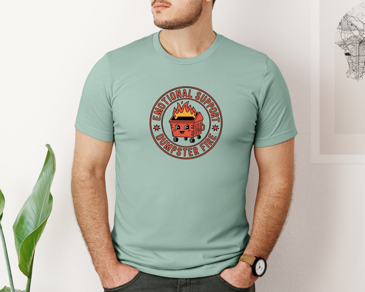 brand:Bella Canvas|color:Dusty Blue|Emotional Support Dumpster Fire Emblem Graphic T-Shirt
