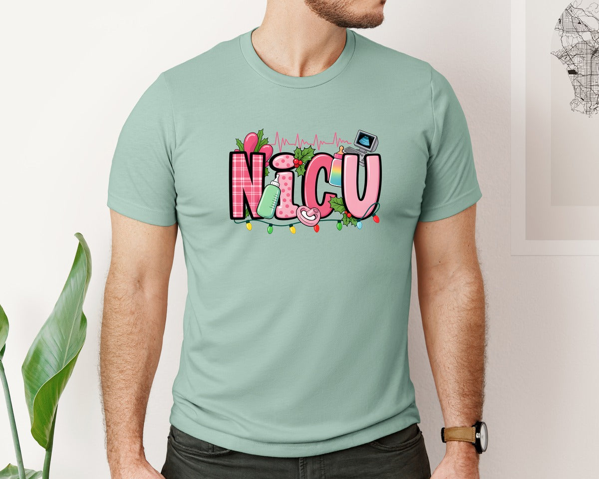 brand:Bella Canvas|color:Dusty Blue|Nicu Pink Christmas Graphic T-Shirt