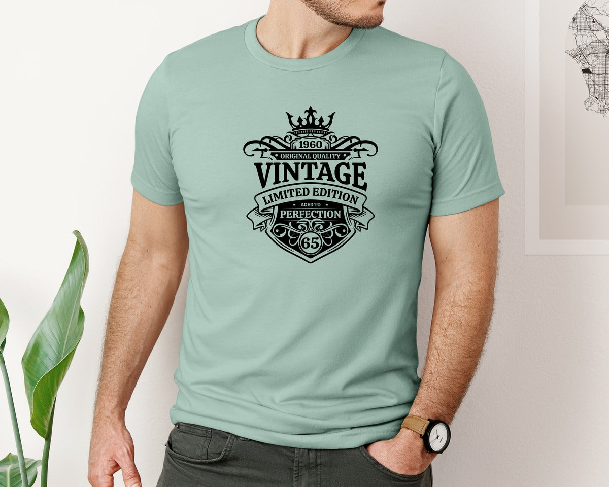 brand:Bella Canvas|color:Dusty Blue|Vintage 1960 Happy 65Th Birthday Graphic T-Shirt