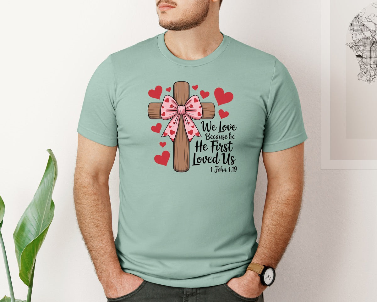 brand:Bella Canvas|color:Dusty Blue|Coquette Jesus Valentine Cross Bow 2 Graphic T-Shirt