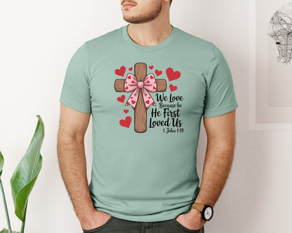 brand:Bella Canvas|color:Dusty Blue|Coquette Jesus Valentine Cross Bow 2 Graphic T-Shirt