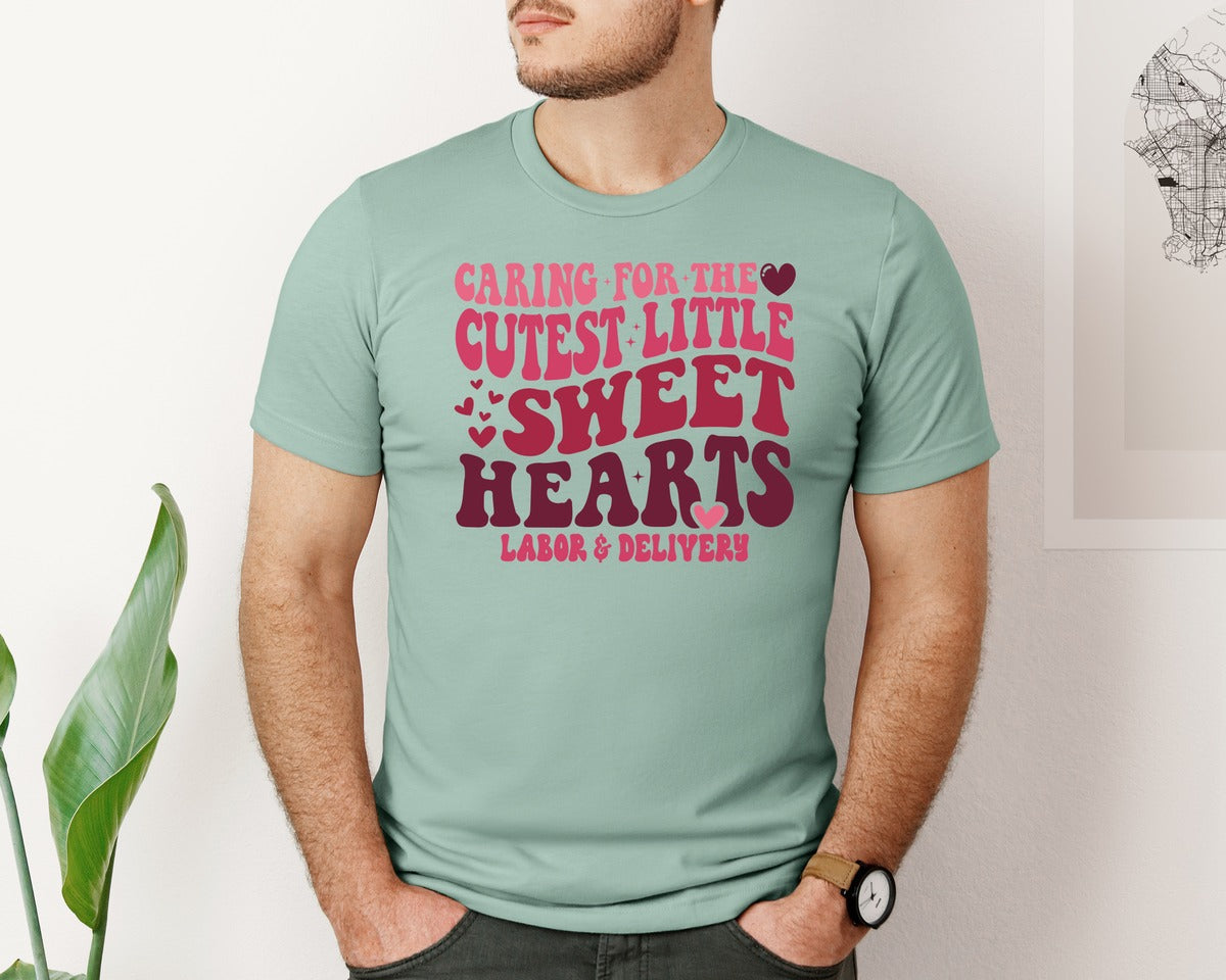 brand:Bella Canvas|color:Dusty Blue|Labor Delivery Nurse Valentine Graphic T-Shirt