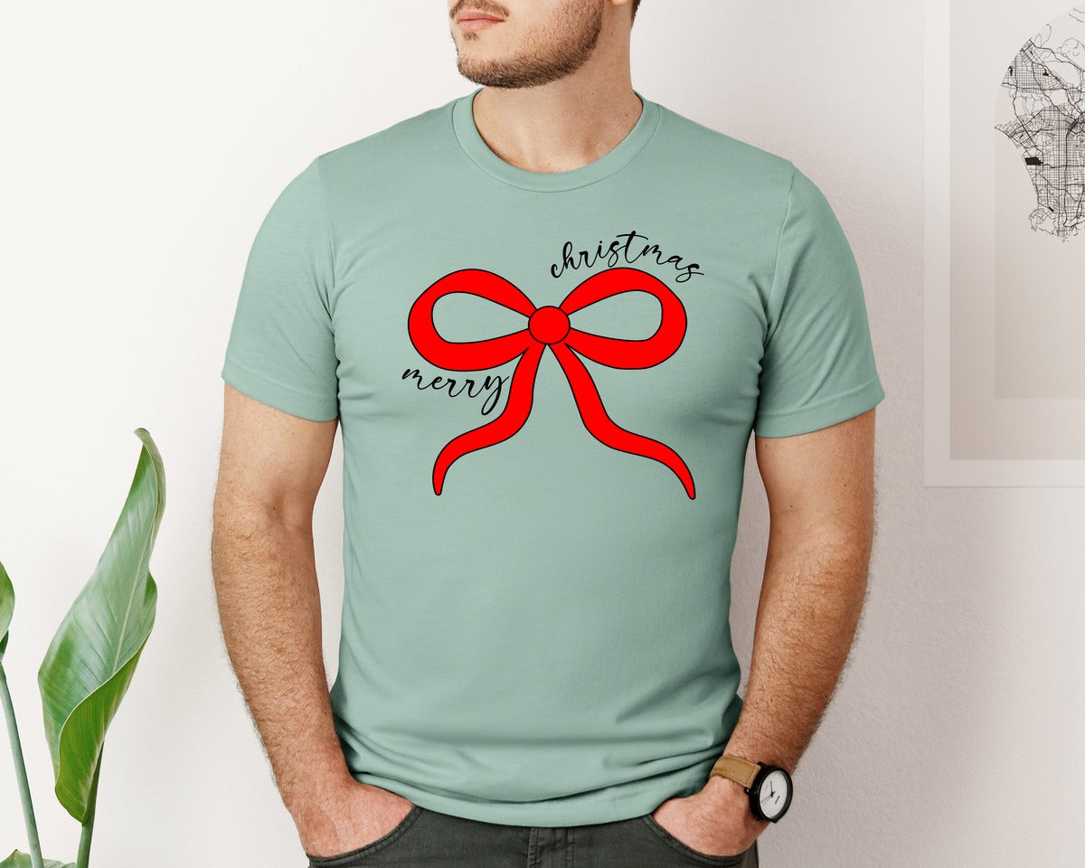 brand:Bella Canvas|color:Dusty Blue|Merry Christmas Red Coquette Bow Graphic T-Shirt
