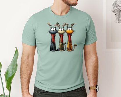 brand:Bella Canvas|color:Dusty Blue|Quirky Christmas Three Cat Graphic T-Shirt