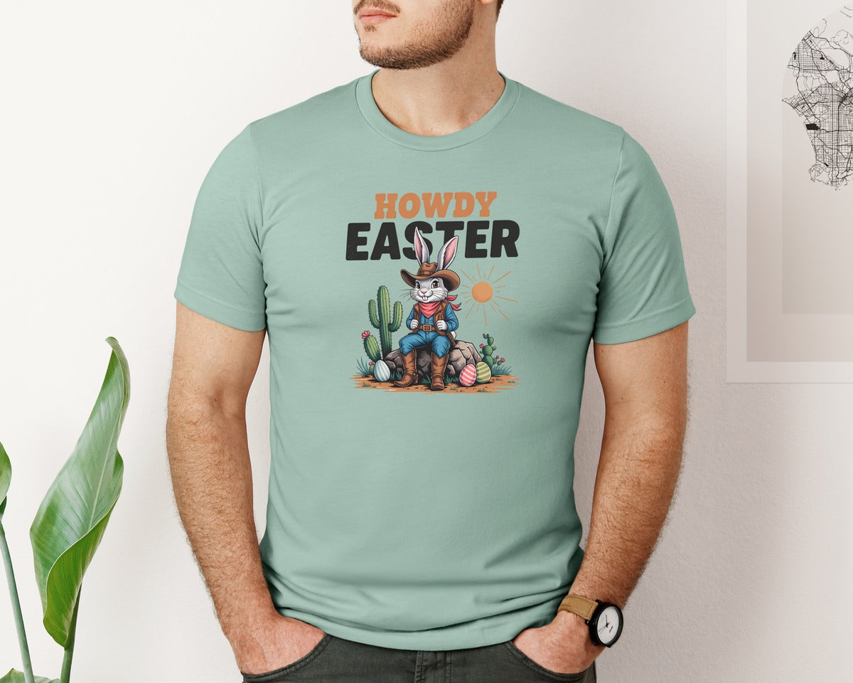 brand:Bella Canvas|color:Dusty Blue|Howdy Easter Western Cowboy Bunny 2 Graphic T-Shirt