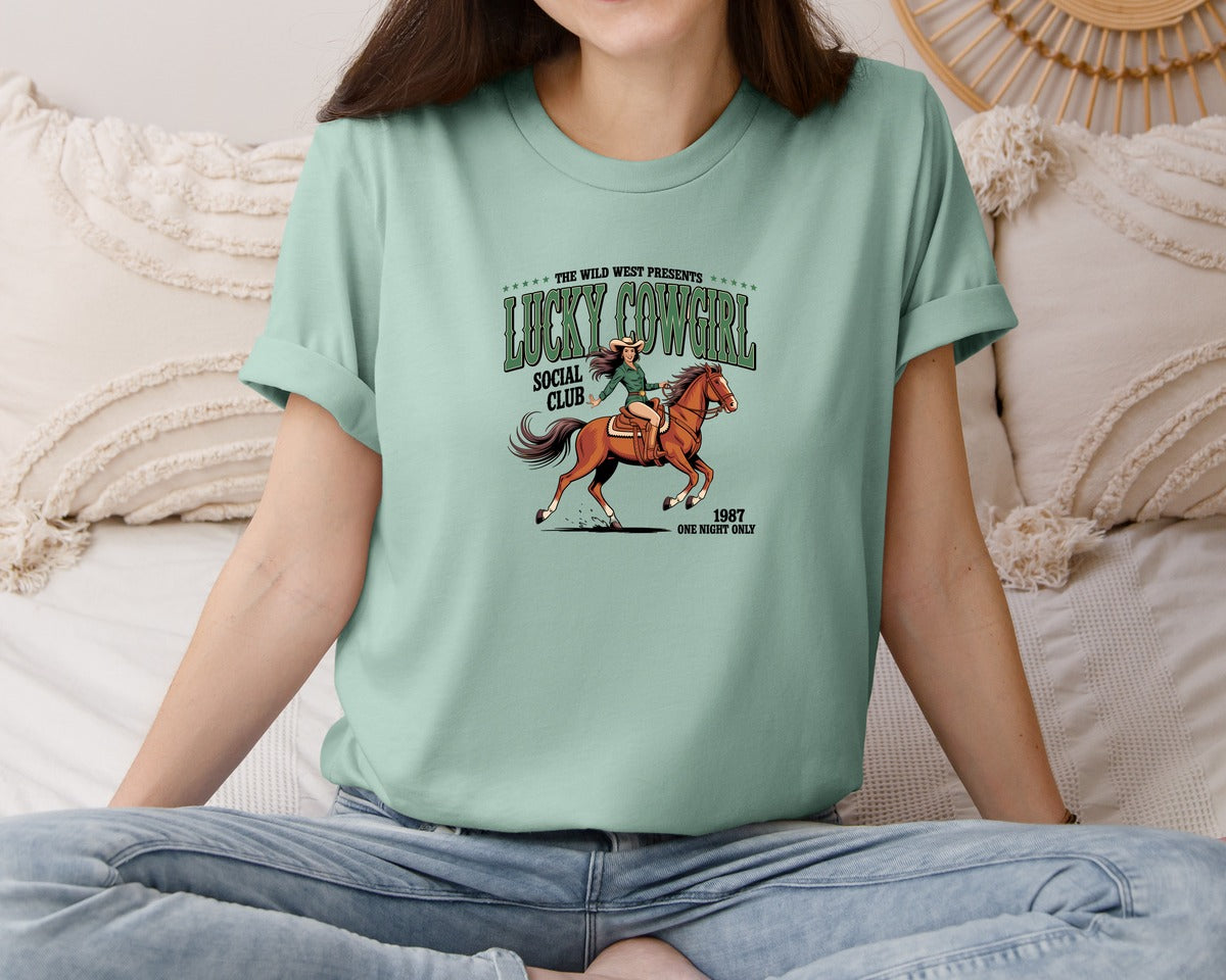 brand:Bella Canvas|color:Dusty Blue|Lucky Cowgirl Social Club 3 Graphic T-Shirt