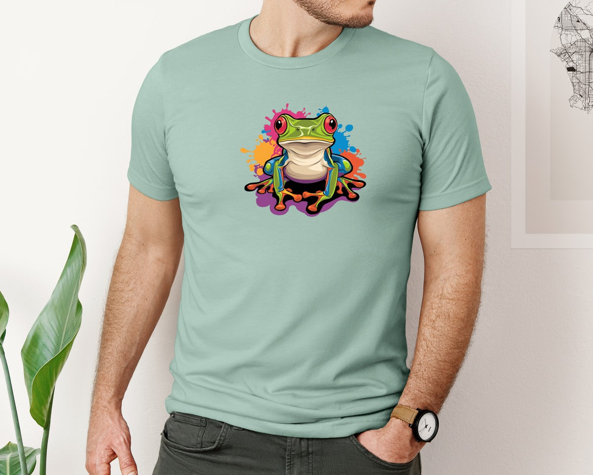 brand:Bella Canvas|color:Dusty Blue|Vibrant Splash Colorful Frog Graphic T-Shirt