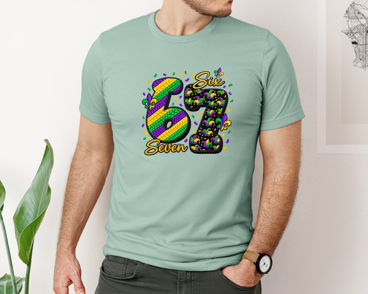 brand:Bella Canvas|color:Dusty Blue|Faux Crochet 67 Mardi Gras Graphic T-Shirt