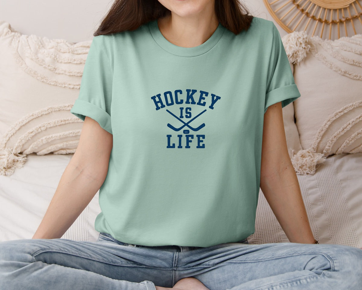 brand:Bella Canvas|color:Dusty Blue|Hockey Is Life Retro Quote Graphic T-Shirt