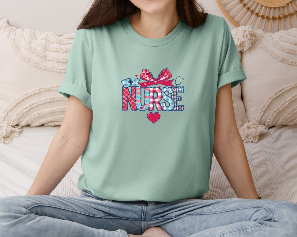 brand:Bella Canvas|color:Dusty Blue|Coquette Bow Nurse Medic Hearts Graphic T-Shirt