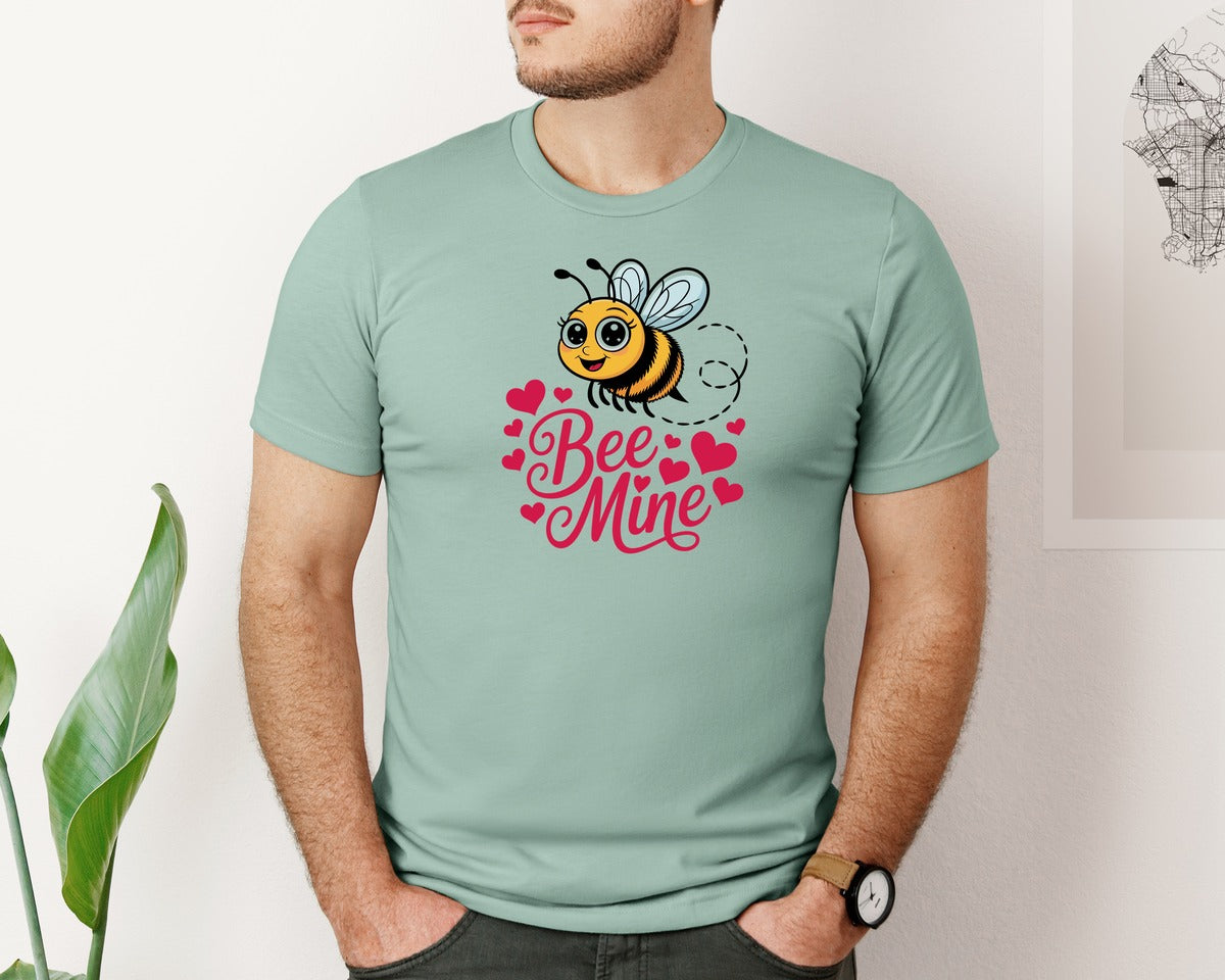 brand:Bella Canvas|color:Dusty Blue|Bee Mine Funny Valentines Day Graphic T-Shirt