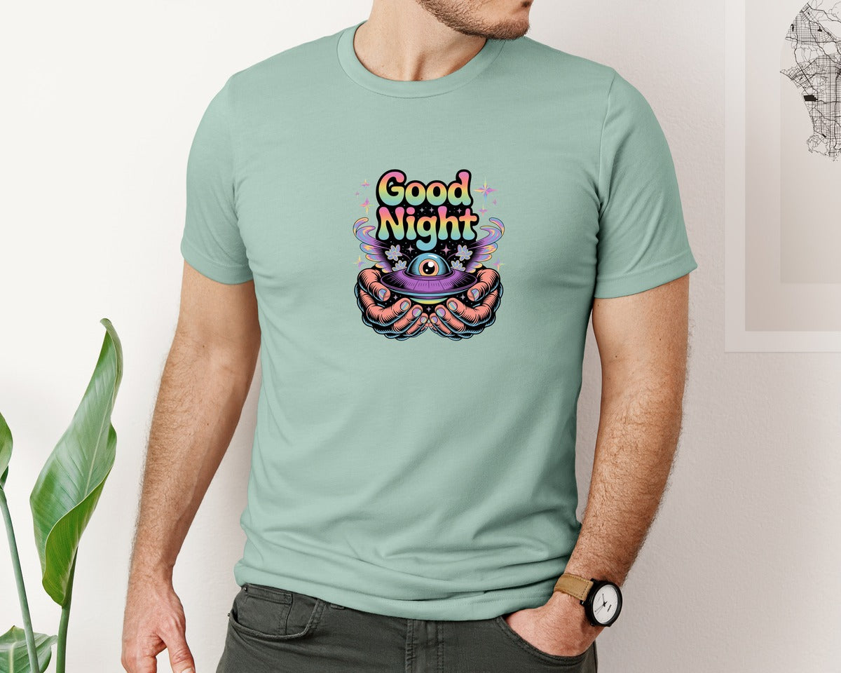 brand:Bella Canvas|color:Dusty Blue|Good Night Text With Ufo Cosmic Hands Graphic T-Shirt