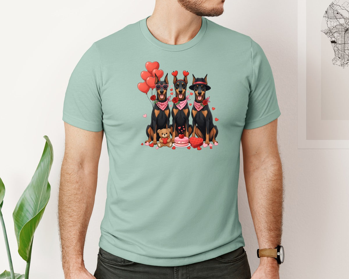 brand:Bella Canvas|color:Dusty Blue|Valentine Dog Shirt Doberman Shirt Graphic T-Shirt