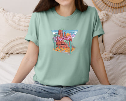 brand:Bella Canvas|color:Dusty Blue|Wrangler Neon Desert Cactus Design Graphic T-Shirt