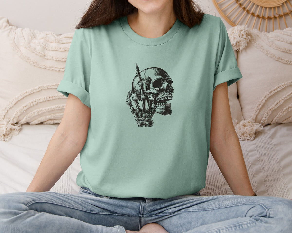 brand:Bella Canvas|color:Dusty Blue|Edgy Skull With Skeleton Hand 2 Graphic T-Shirt