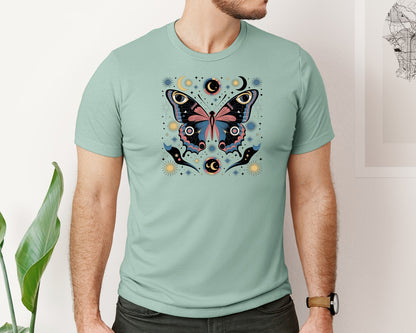 brand:Bella Canvas|color:Dusty Blue|Mystical Celestial Butterfly Art Cosmic Graphic T-Shirt