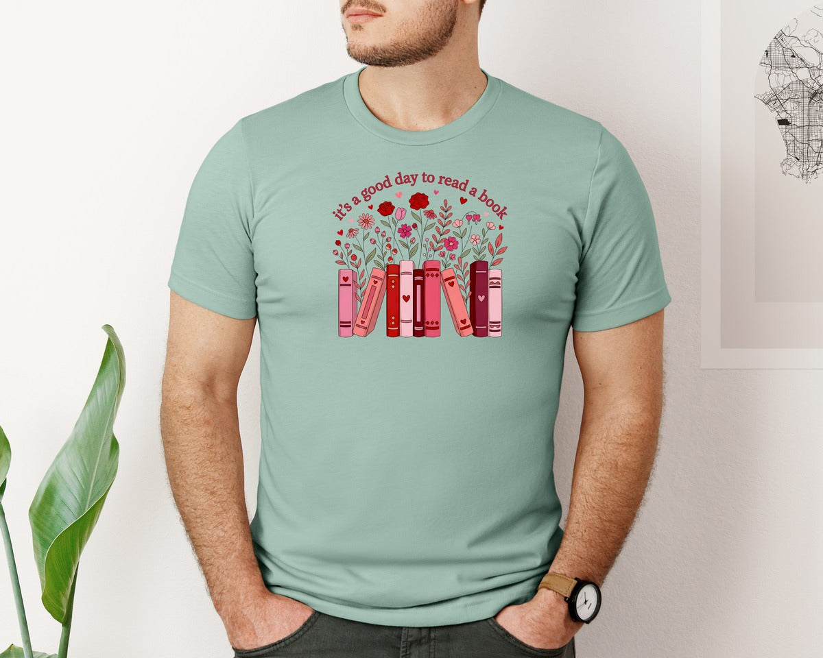 brand:Bella Canvas|color:Dusty Blue|Book Lover Valentine Floral Graphic T-Shirt