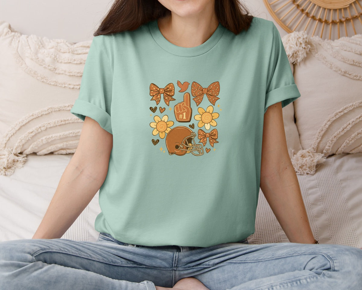 brand:Bella Canvas|color:Dusty Blue|Coquette Fall Football Bow Tis The Graphic T-Shirt