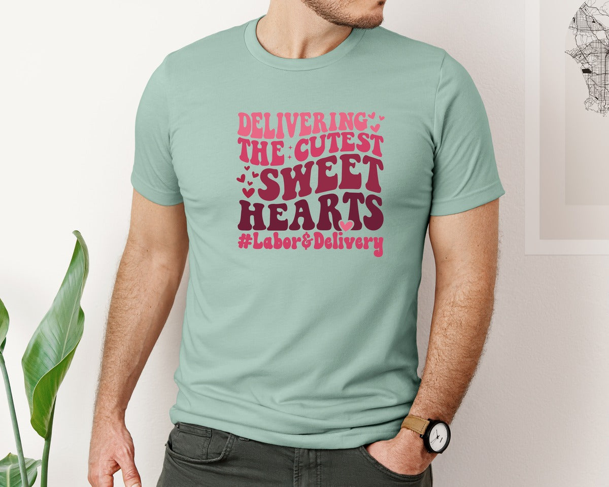 brand:Bella Canvas|color:Dusty Blue|Labor Delivery Nurse Valentine 2 Graphic T-Shirt